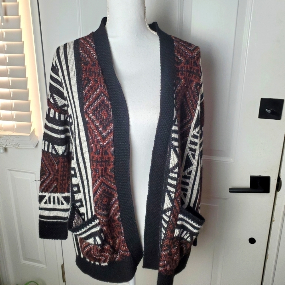 Ecote‎ Open Cardigan Sweater Womens XS Maroon Black Southwestern Boho Acrylic